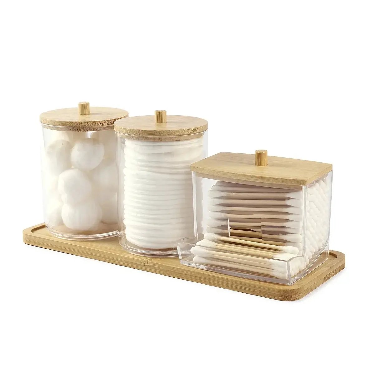 3-Pack Clear Acrylic Apothecary Jars with Bamboo Lids - Refillable Bathroom Organizers for Balls, Swabs, and Floss Picks - Flip-Top Dispensers with Tray by House Of Avana