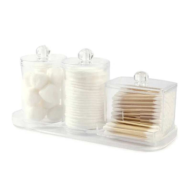 3-Pack Clear Acrylic Apothecary Jars with Bamboo Lids - Refillable Bathroom Organizers for Balls, Swabs, and Floss Picks - Flip-Top Dispensers with Tray by House Of Avana