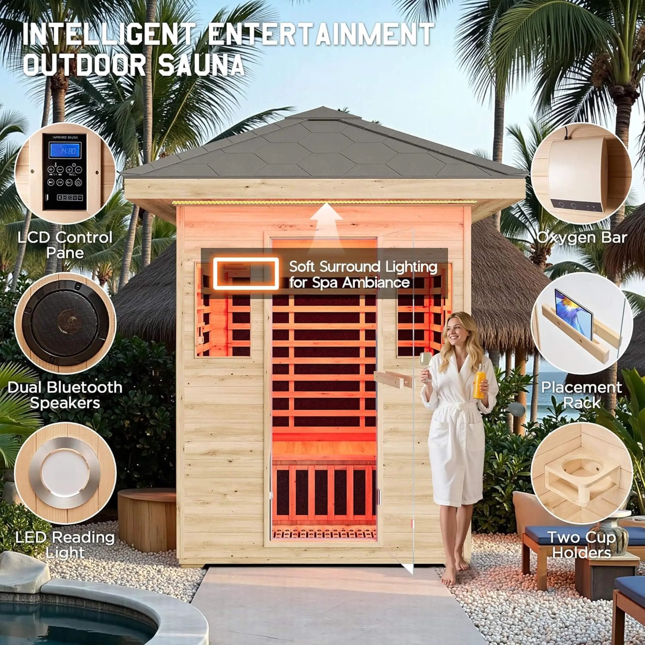 Thermora Zurich 3-Person Low EMF Spruce Wood Outdoor Infrared Sauna With Bluetooth Speakers And LED Lights (SAK59047) by SAKSBY WHOLESALE