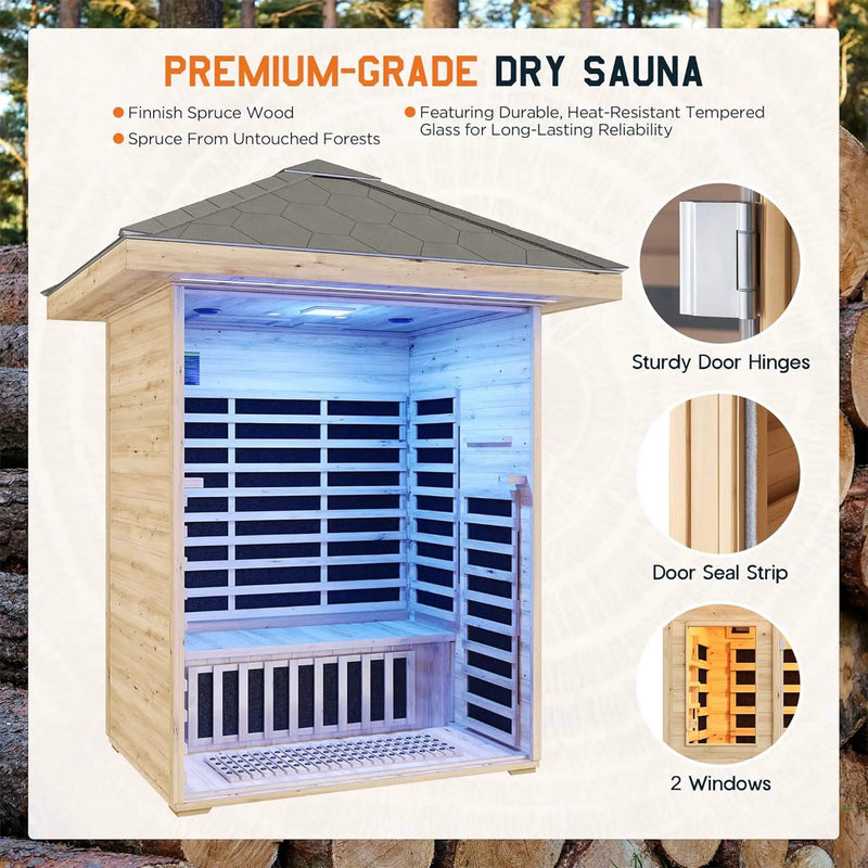 Thermora Zurich 3-Person Low EMF Spruce Wood Outdoor Infrared Sauna With Bluetooth Speakers And LED Lights (SAK59047) by SAKSBY WHOLESALE