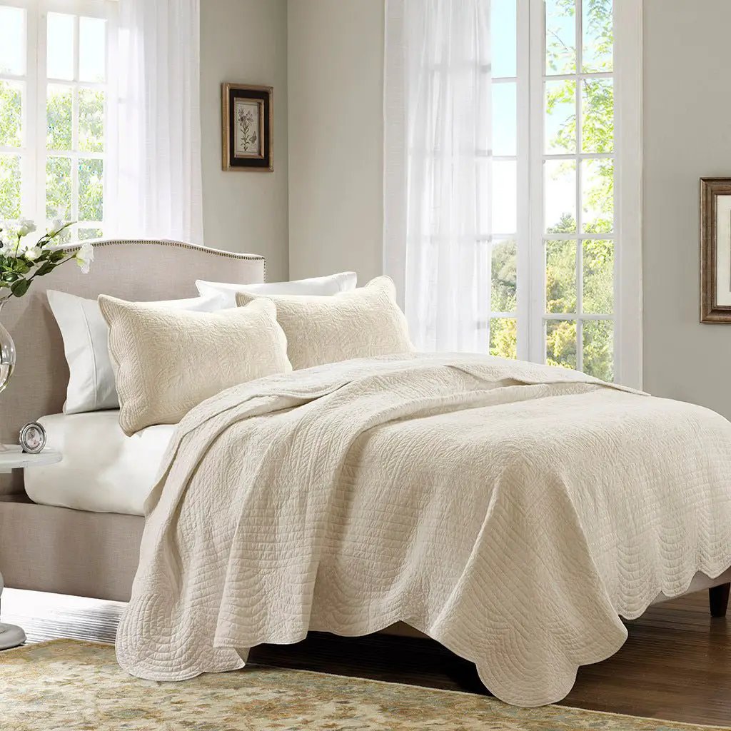 3 Pc Antimicrobial Cream Reversible Scalloped Edge Quilt Set by HouseOfZazla
