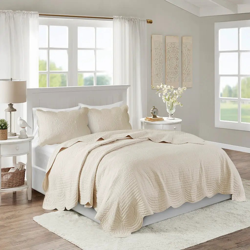 3 Pc Antimicrobial Cream Reversible Scalloped Edge Quilt Set by HouseOfZazla