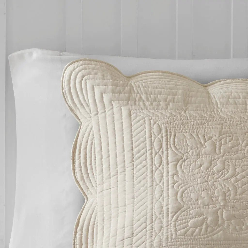 3 Pc Antimicrobial Cream Reversible Scalloped Edge Quilt Set by HouseOfZazla