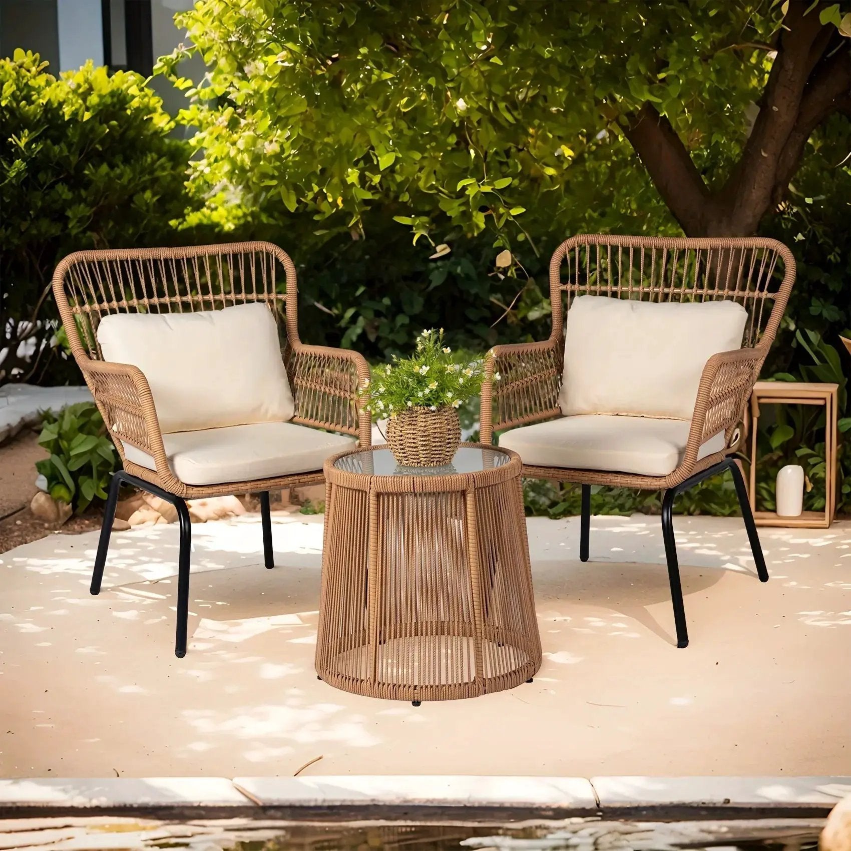 3-Piece Boho Wicker Patio Bistro Set with Beige Cushions by House Of Avana