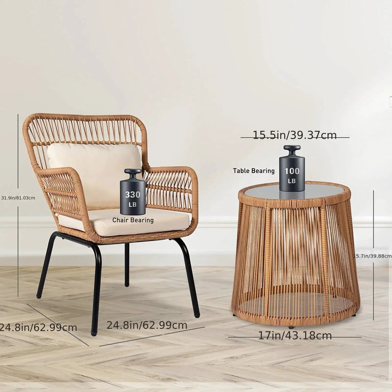 3-Piece Boho Wicker Patio Bistro Set with Beige Cushions by House Of Avana