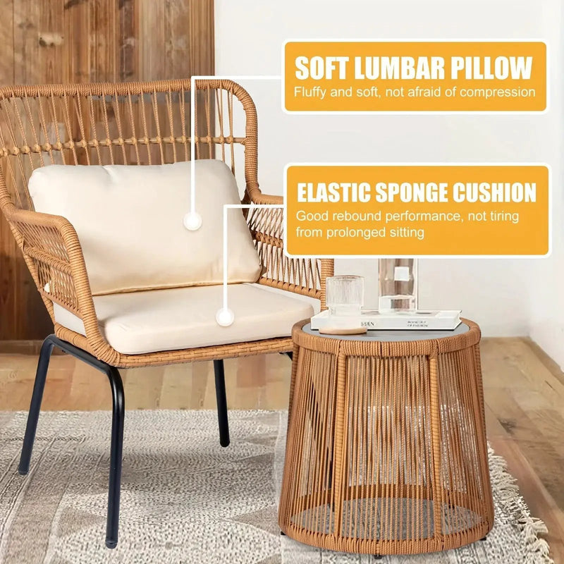 3-Piece Boho Wicker Patio Bistro Set with Beige Cushions by House Of Avana