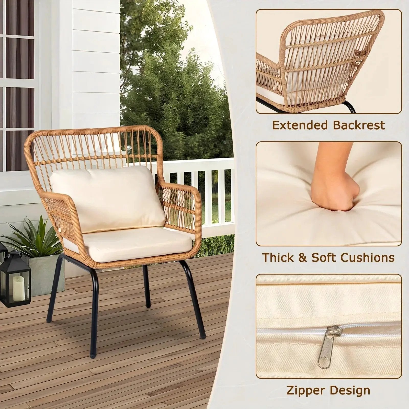3-Piece Boho Wicker Patio Bistro Set with Beige Cushions by House Of Avana
