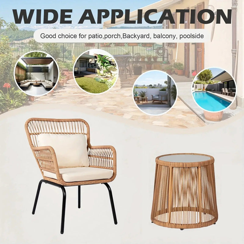 3-Piece Boho Wicker Patio Bistro Set with Beige Cushions by House Of Avana