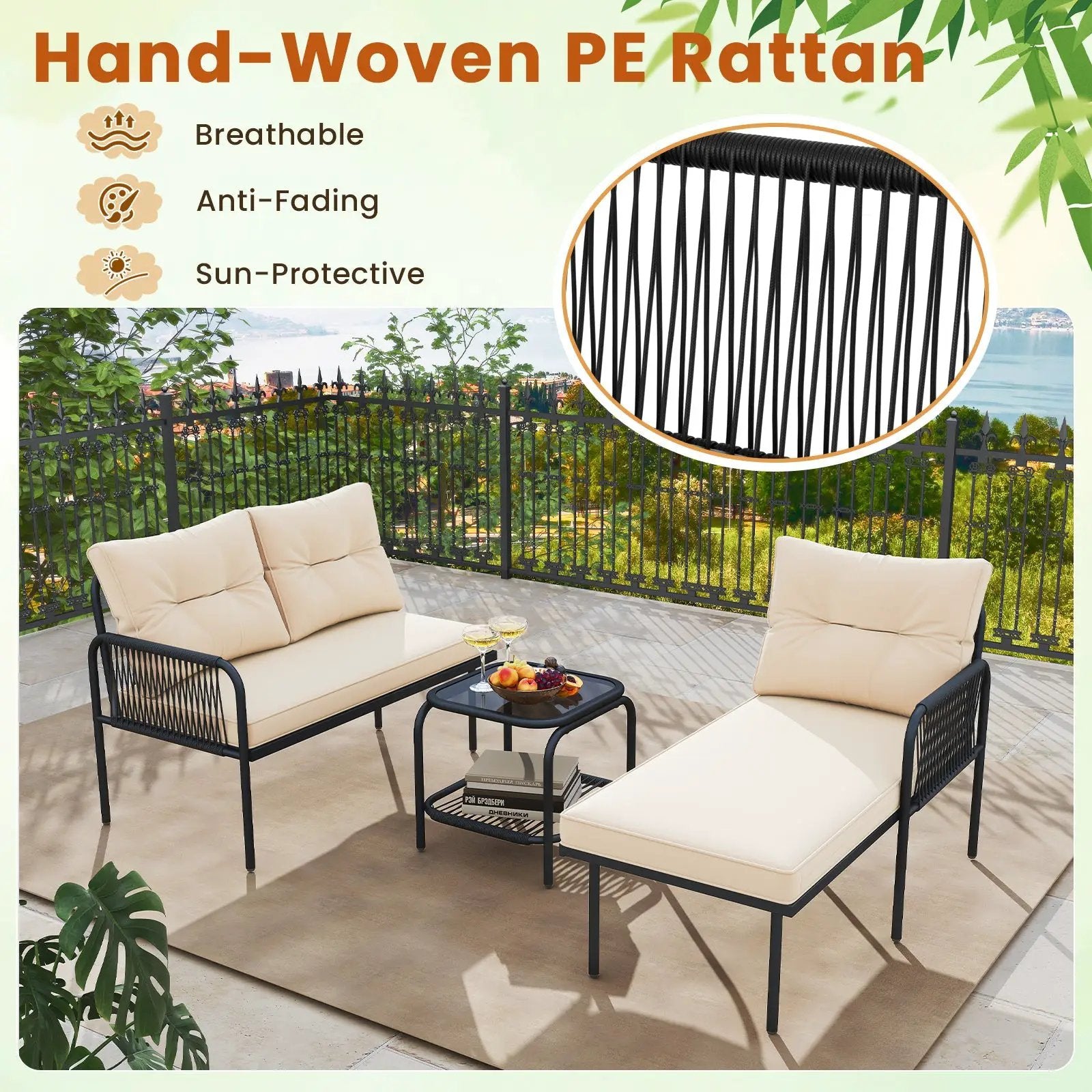 3-Piece L Shaped Patio Furniture Set PE Rattan Sectional Sofas-Beige by DirectDeals