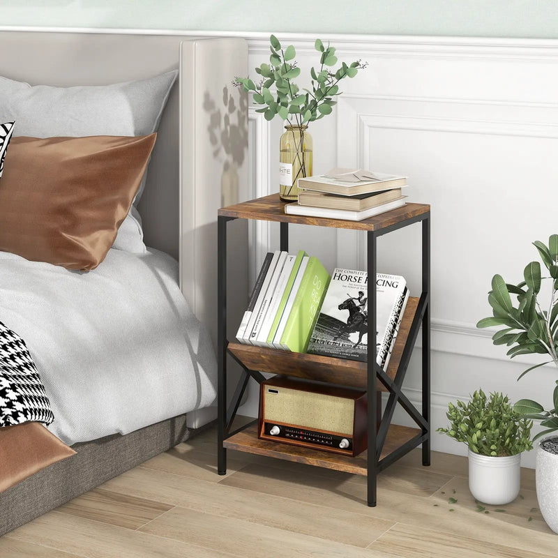 3-Tier Industrial Side Table with V-shaped Bookshelf for Living Room-Rustic Brown by DirectDeals