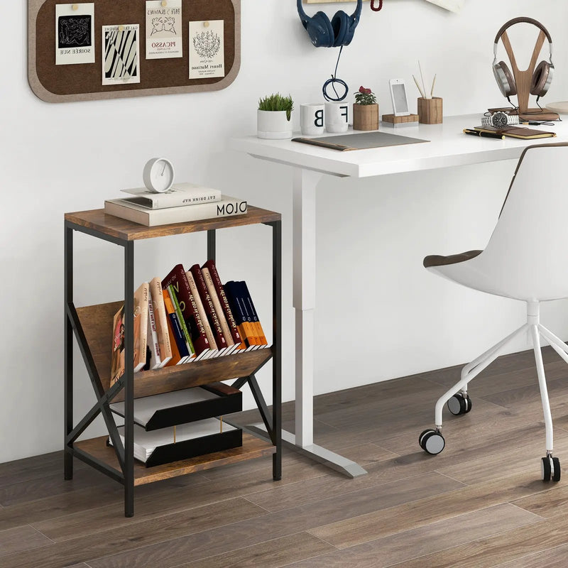 3-Tier Industrial Side Table with V-shaped Bookshelf for Living Room-Rustic Brown by DirectDeals