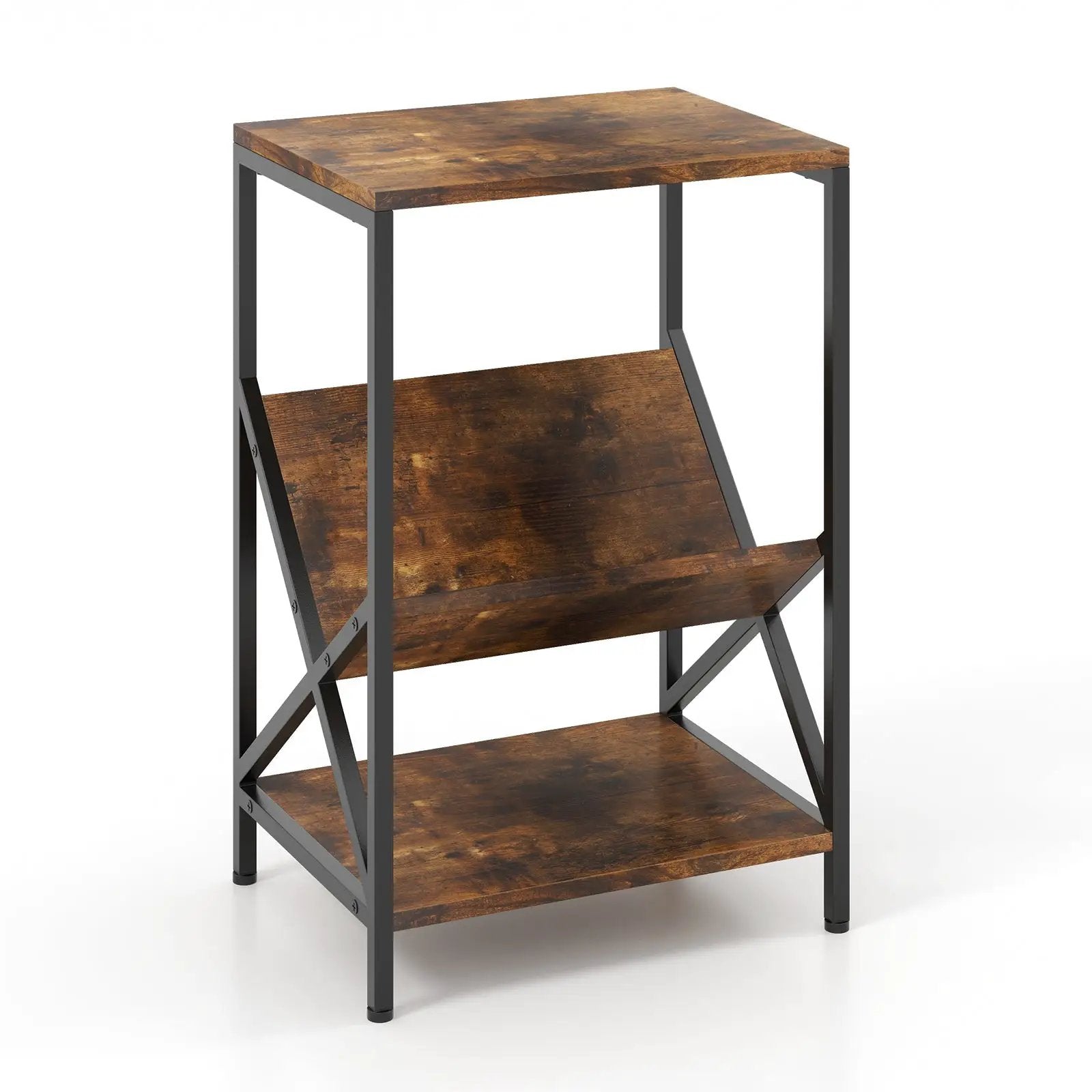 3-Tier Industrial Side Table with V-shaped Bookshelf for Living Room-Rustic Brown by DirectDeals