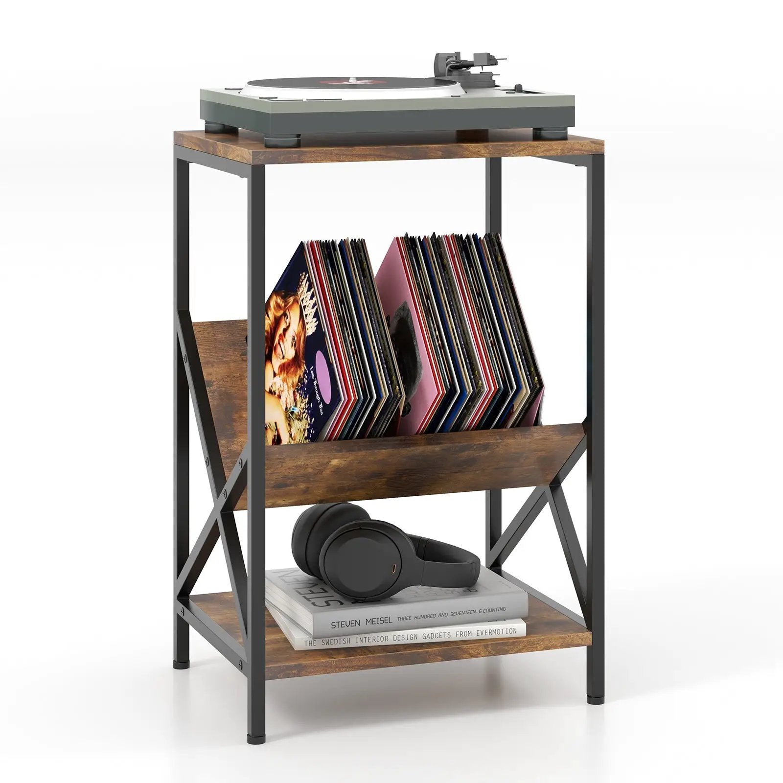 3-Tier Industrial Side Table with V-shaped Bookshelf for Living Room-Rustic Brown by DirectDeals