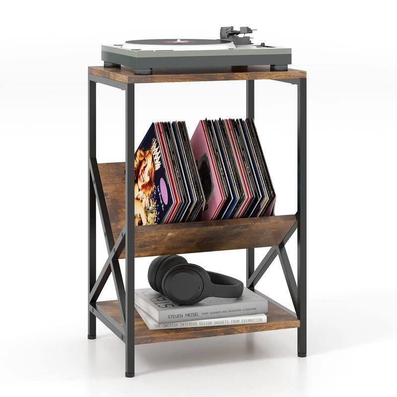 3-Tier Industrial Side Table with V-shaped Bookshelf for Living Room-Rustic Brown by DirectDeals