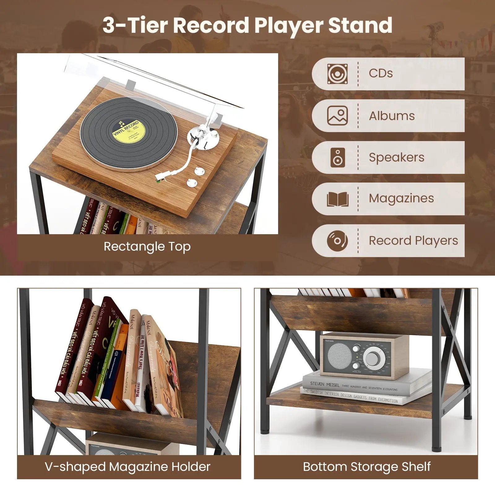 3-Tier Industrial Side Table with V-shaped Bookshelf for Living Room-Rustic Brown by DirectDeals