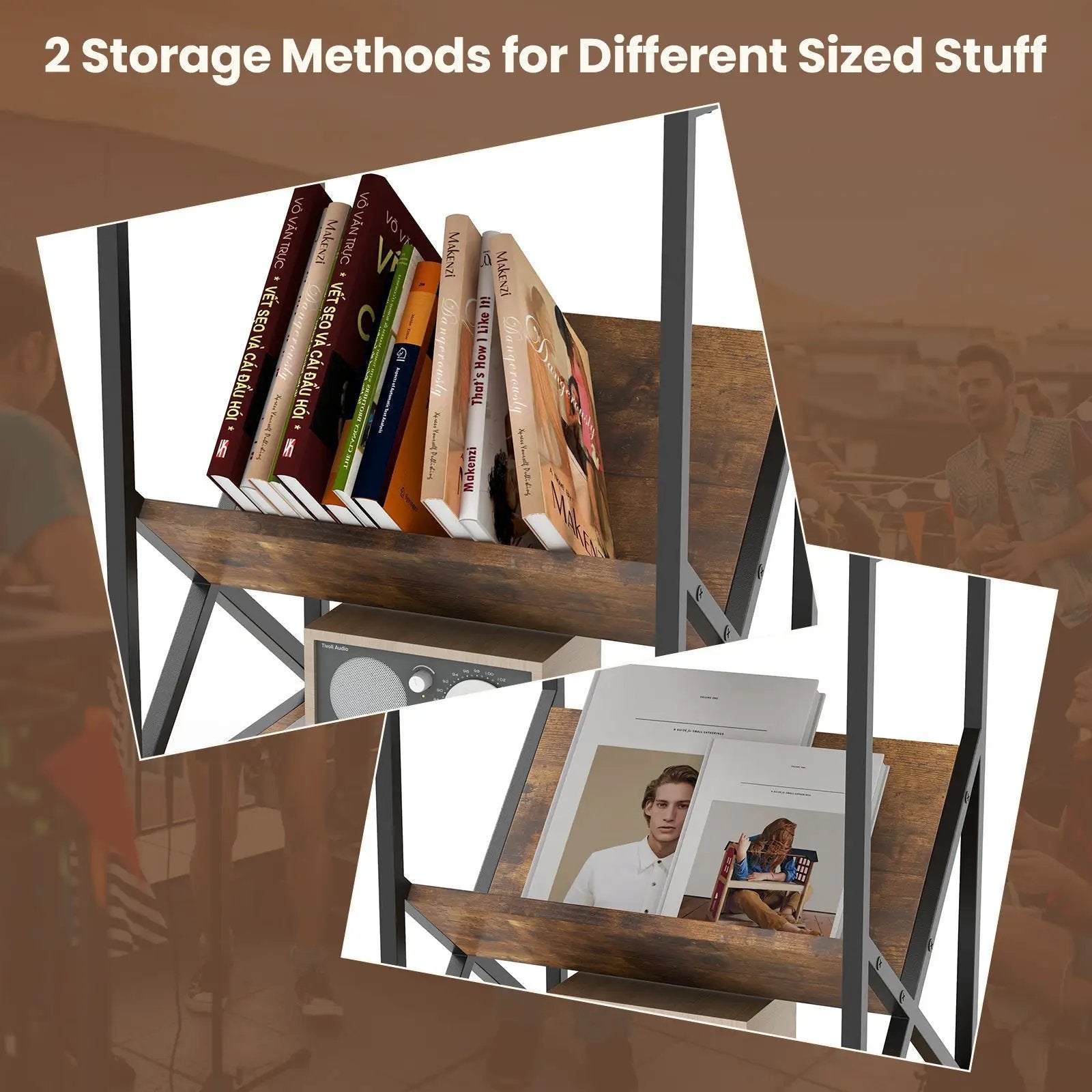3-Tier Industrial Side Table with V-shaped Bookshelf for Living Room-Rustic Brown by DirectDeals