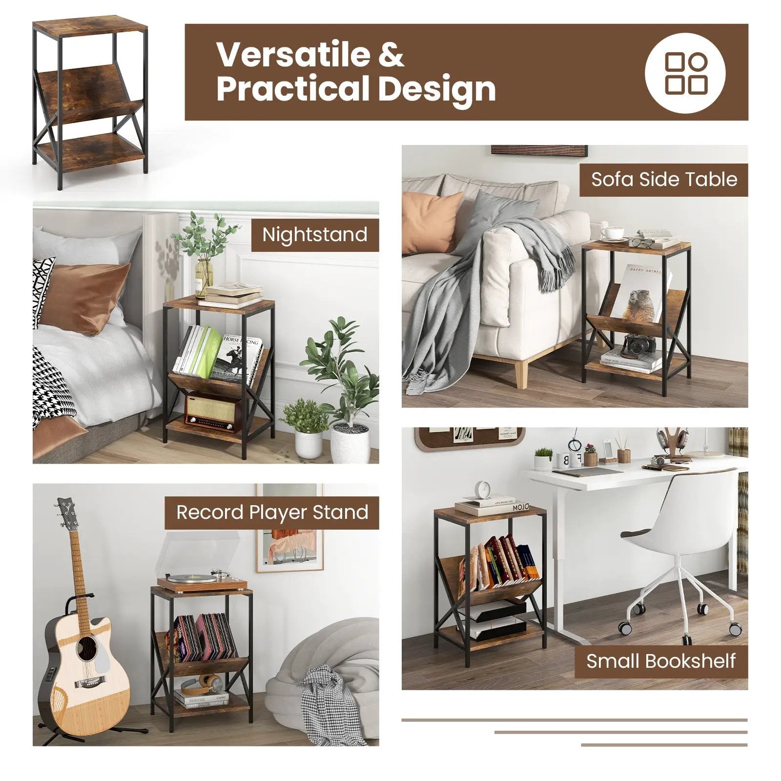 3-Tier Industrial Side Table with V-shaped Bookshelf for Living Room-Rustic Brown by DirectDeals