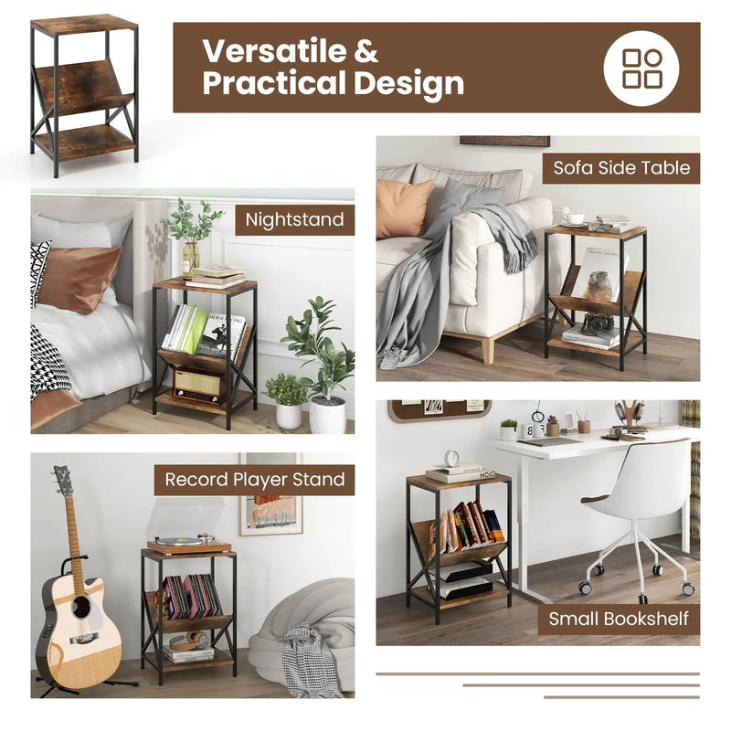 3-Tier Industrial Side Table with V-shaped Bookshelf for Living Room-Rustic Brown by DirectDeals