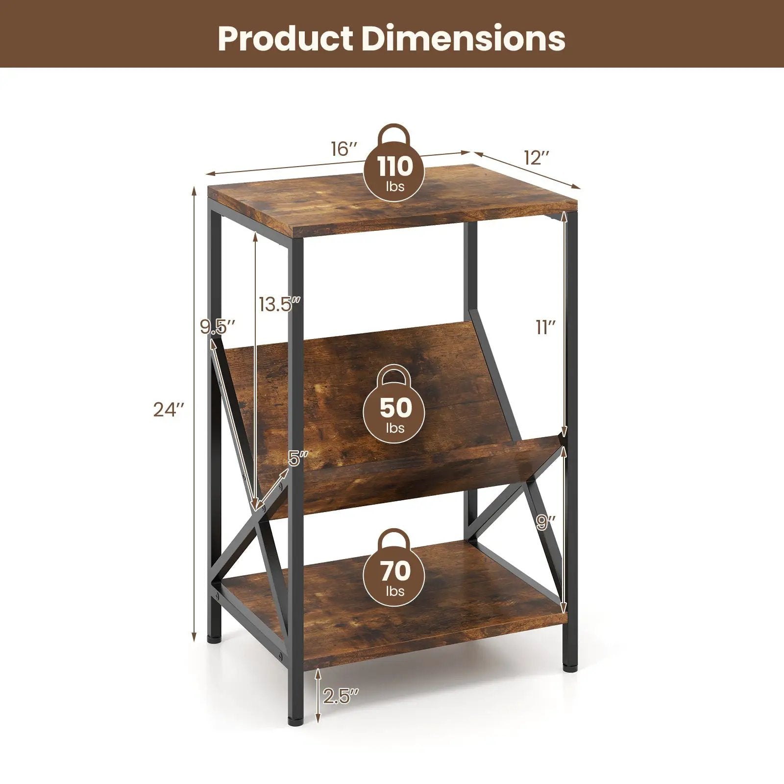 3-Tier Industrial Side Table with V-shaped Bookshelf for Living Room-Rustic Brown by DirectDeals