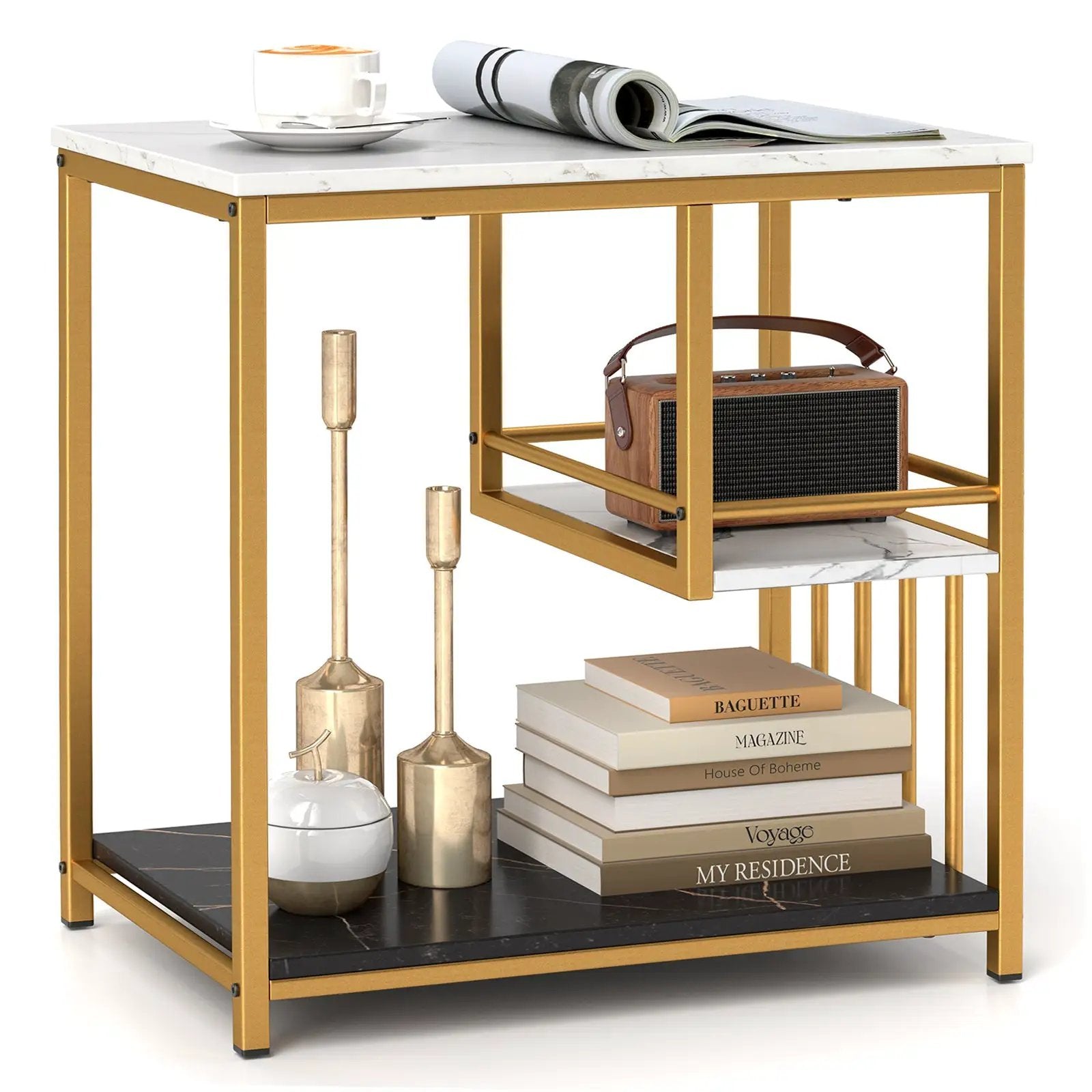3-Tier Multi-function Marble End Table with Storage Shelf-Golden by DirectDeals