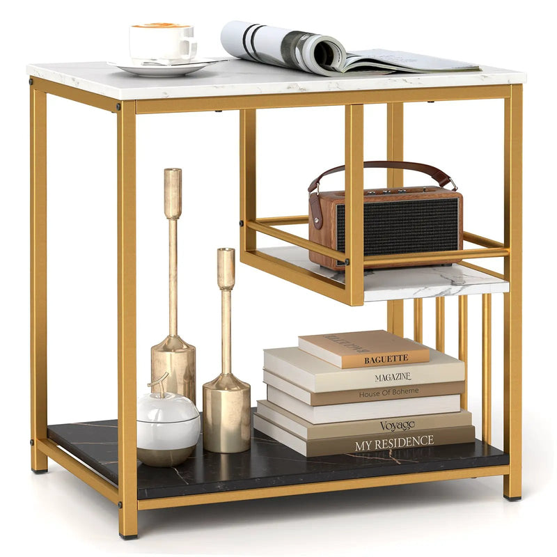 3-Tier Multi-function Marble End Table with Storage Shelf-Golden by DirectDeals
