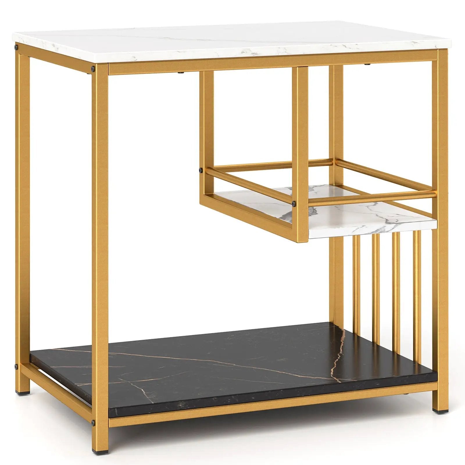 3-Tier Multi-function Marble End Table with Storage Shelf-Golden by DirectDeals