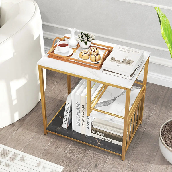 3-Tier Multi-function Marble End Table with Storage Shelf-Golden, photo 2 of 8