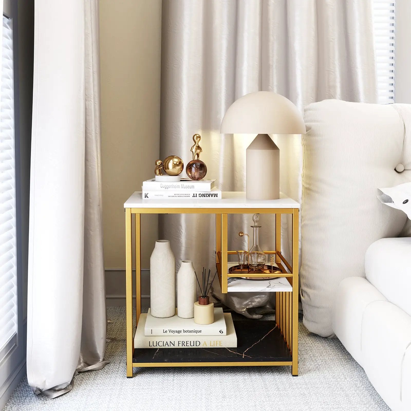 3-Tier Multi-function Marble End Table with Storage Shelf-Golden by DirectDeals