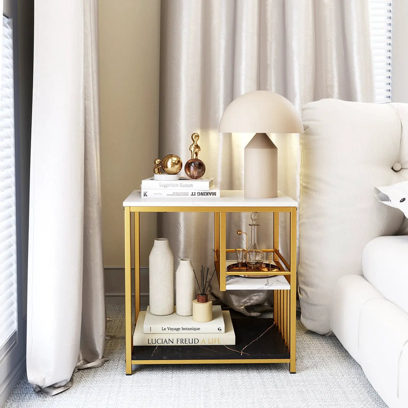 3-Tier Multi-function Marble End Table with Storage Shelf-Golden by DirectDeals