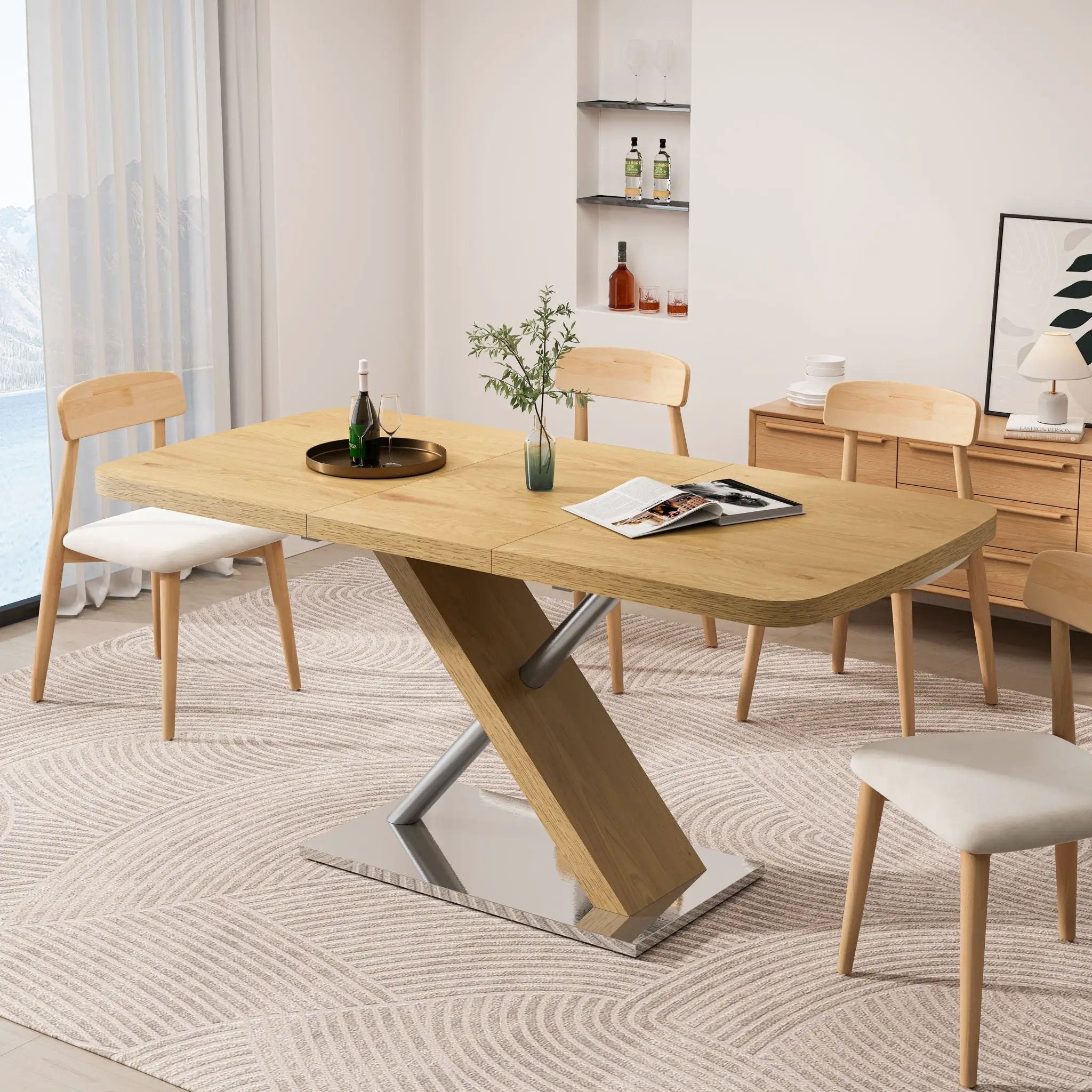 Retractable Square Dining Table, Seating 4 - 6 People, Cross Base With Stainless Steel Tubing, Expandable - Natural by Unique Piece Furniture