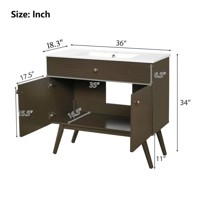 36" Luxury Striped Bathroom Vanity, Soft-Close Dual-Door Storage & Premium Ceramic Sink by HouseOfZazla