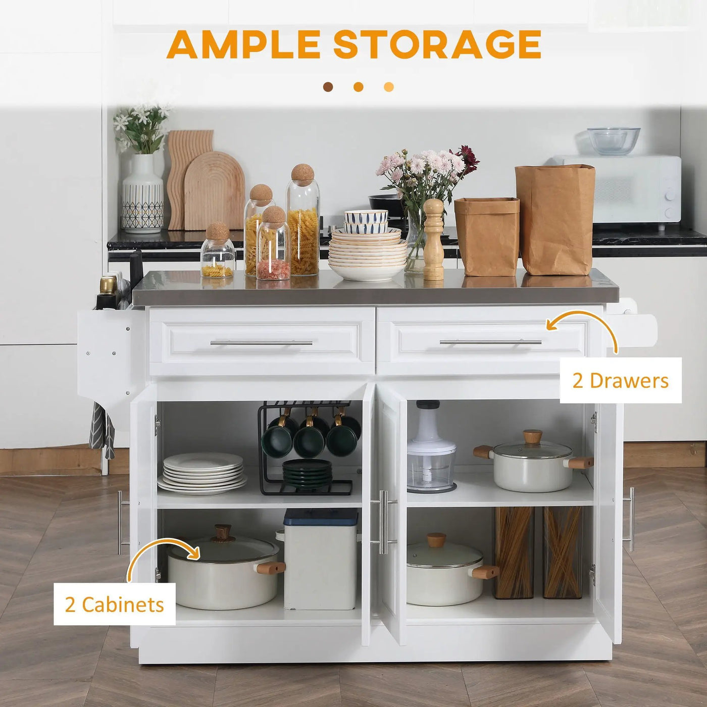 Homcom - Rolling Kitchen Island With Storage, Portable Kitchen Cart With Stainless Steel Top, 2 Drawers, Spice, Knife And Towel Rack And Cabinets by Unique Piece Furniture