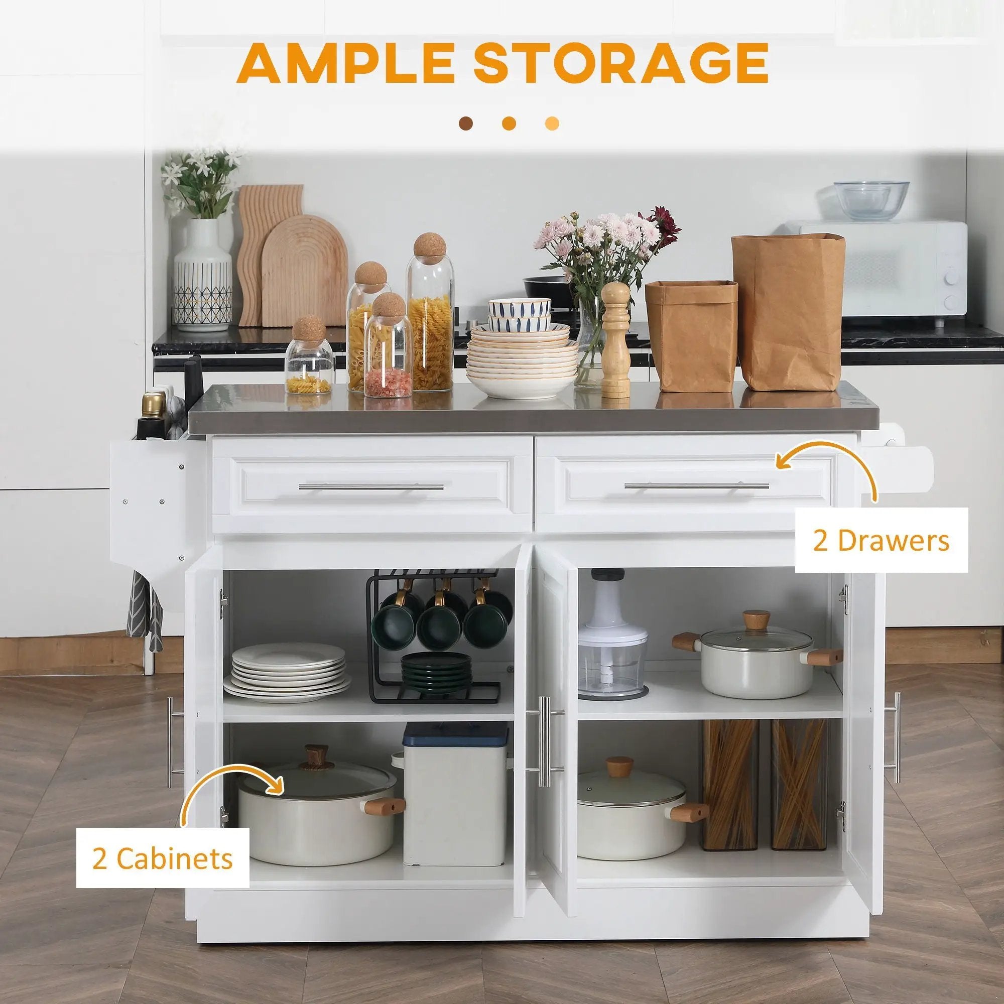 Homcom - Rolling Kitchen Island With Storage, Portable Kitchen Cart With Stainless Steel Top, 2 Drawers, Spice, Knife And Towel Rack And Cabinets by Unique Piece Furniture