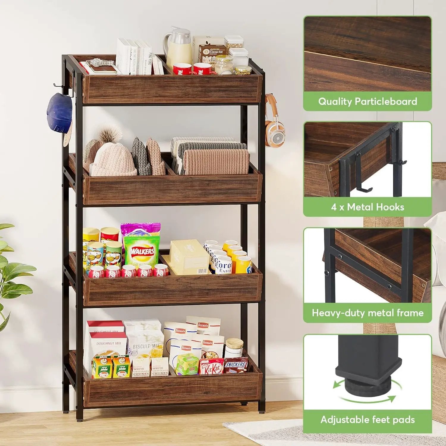 4 Tier Retail Display Rack With Hooks, Tall Metal Snack Stand With Shelves - Brown / Black by HouseOfZazla