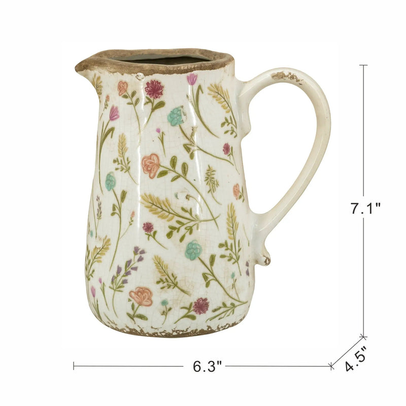 6.3x4.5x7.1' Round Ceramic Pitcher Vase with Multi-Colored Floral Motifs by HouseOfZazla