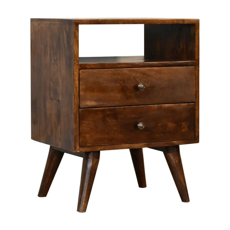 Classic Chestnut Nightstand, 2-Drawers, 1 Open-Slot, Nordic Legs by HouseOfZazla