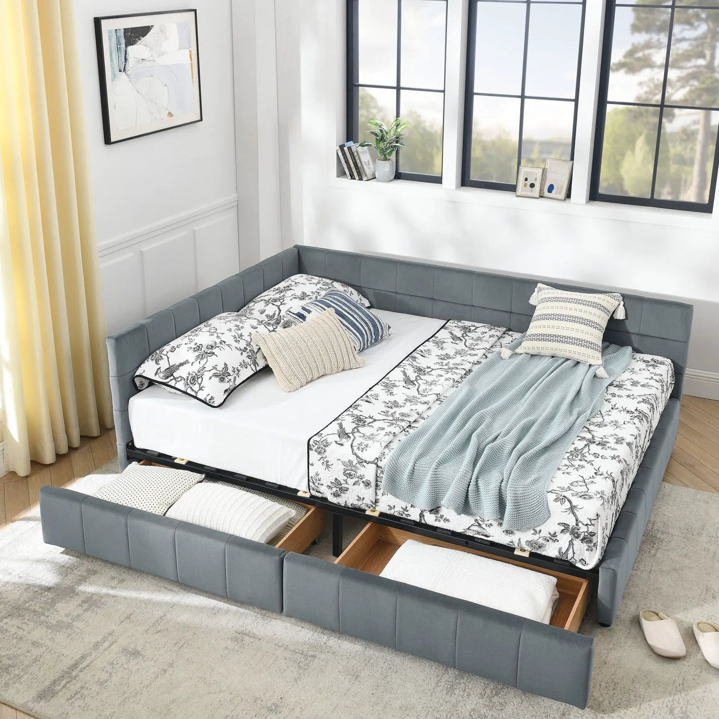 Mid-Century Storage Upholstered Tufted Bed Frame With Backrest And Armrests by HouseOfZazla
