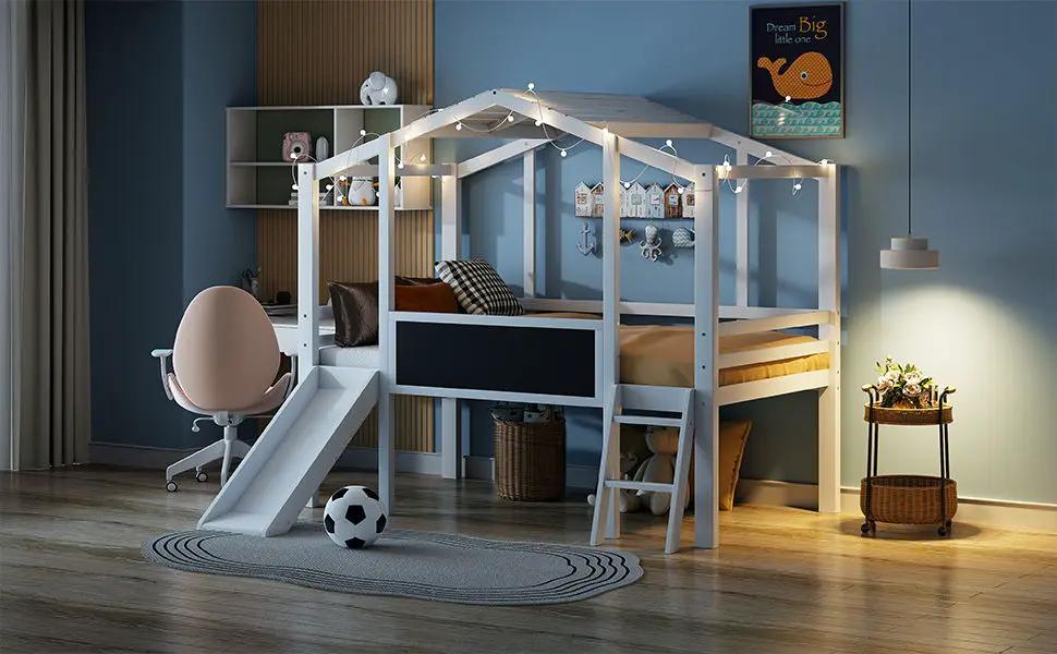 Loft House Bed With Ladder And Slide, With board And Light Strip On The Roof by HouseOfZazla