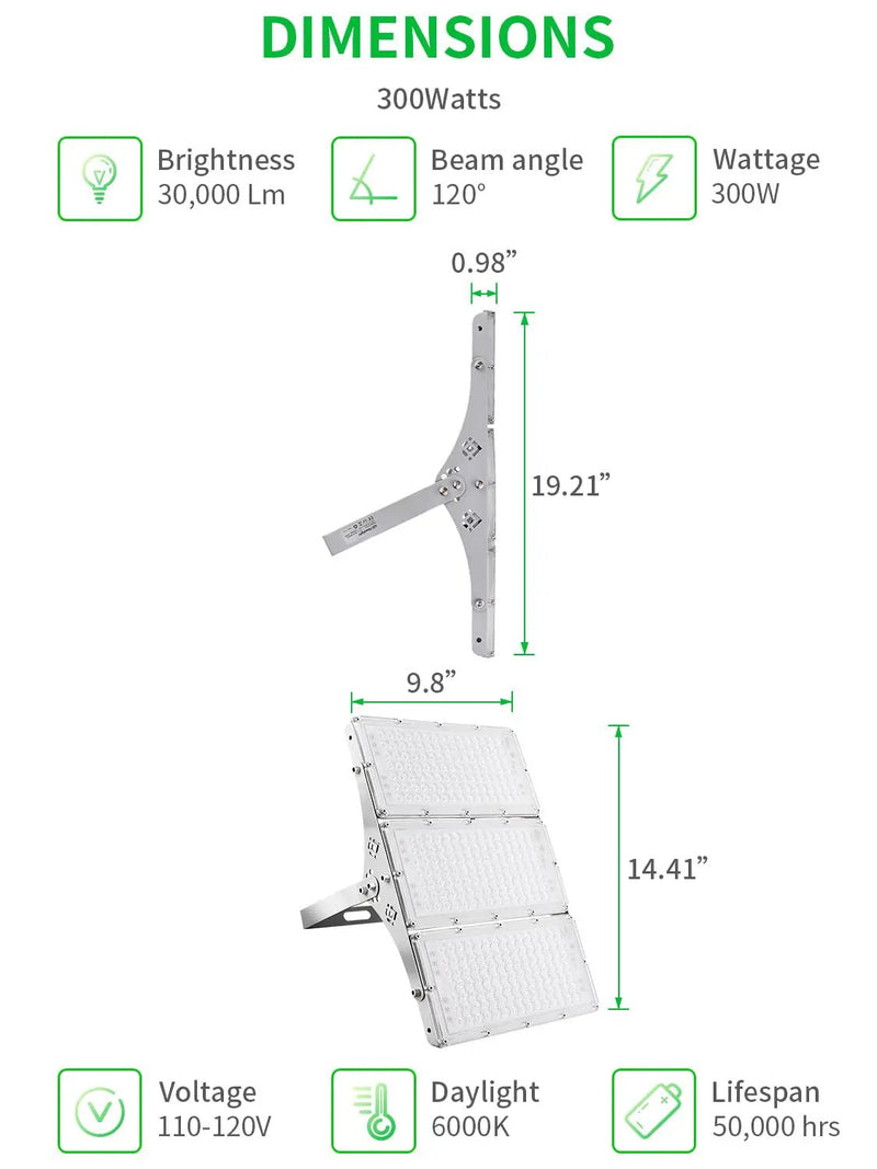 300W LED Flood Light, Hard Wired 24000LM Stadium Lights, 6000K Daylight White, 1500W Halogen Equivalent, IP66 Waterproof by Outdoor Solar Outlet