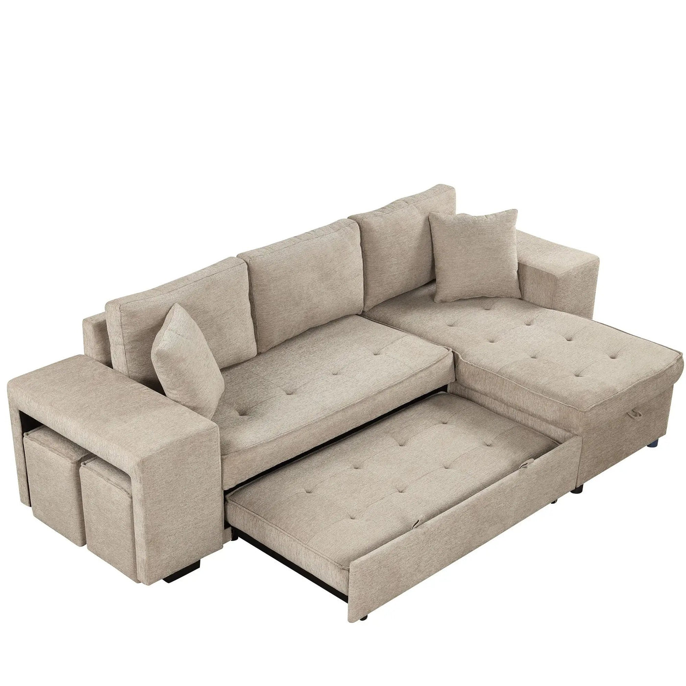 Modern L-Shape 3 Seat Reversible Sectional Couch, Pull Out Sleeper Sofa With Storage Chaise And 2 Stools For Living Room Furniture Set by HouseOfZazla