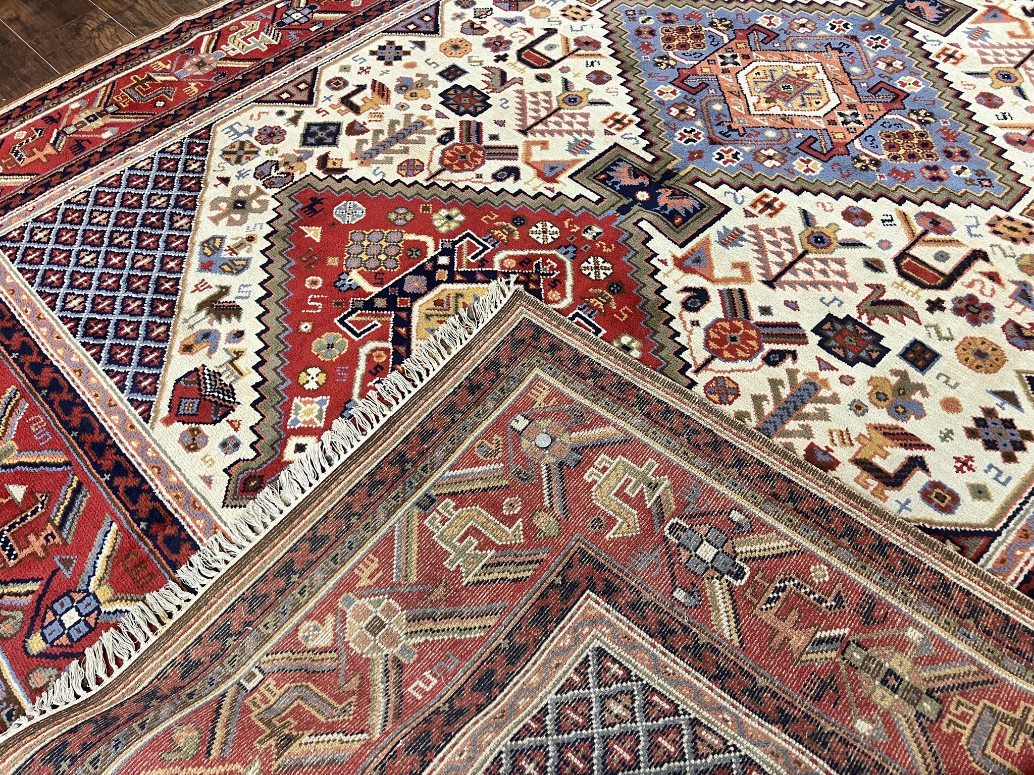 Belgium Power Loomed Rug 8x12, Geometric Medallions Persian Tribal Pattern, Vintage Wool Carpet, Ivory Red Blue by Jewel Rugs