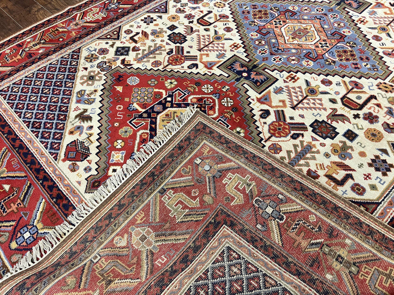 Belgium Power Loomed Rug 8x12, Geometric Medallions Persian Tribal Pattern, Vintage Wool Carpet, Ivory Red Blue by Jewel Rugs