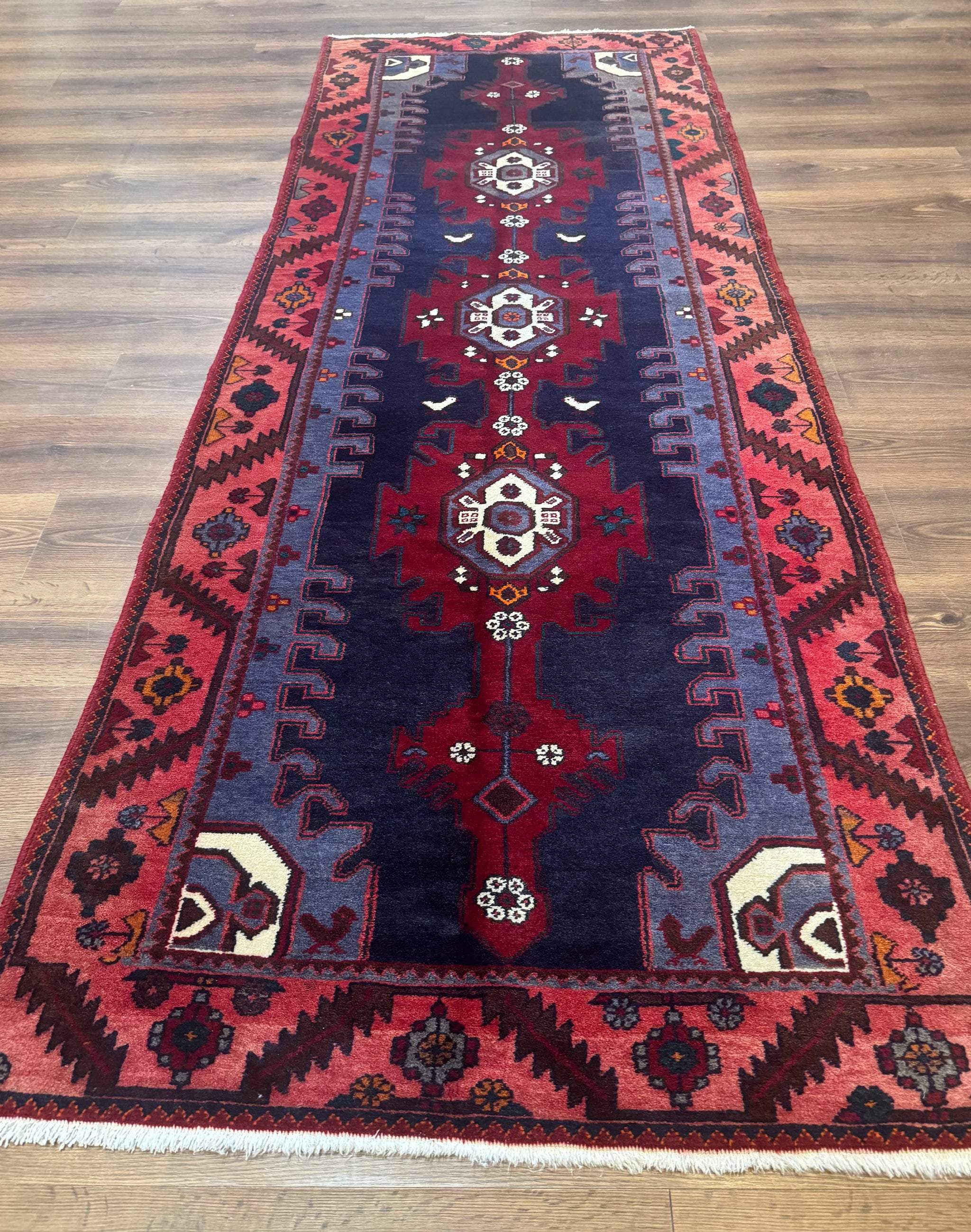 Persian Karajeh Runner Rug 3.6 x 9.5, Geometric Medallions, Tribal Village Rug, Navy Blue, Handmade by Jewel Rugs