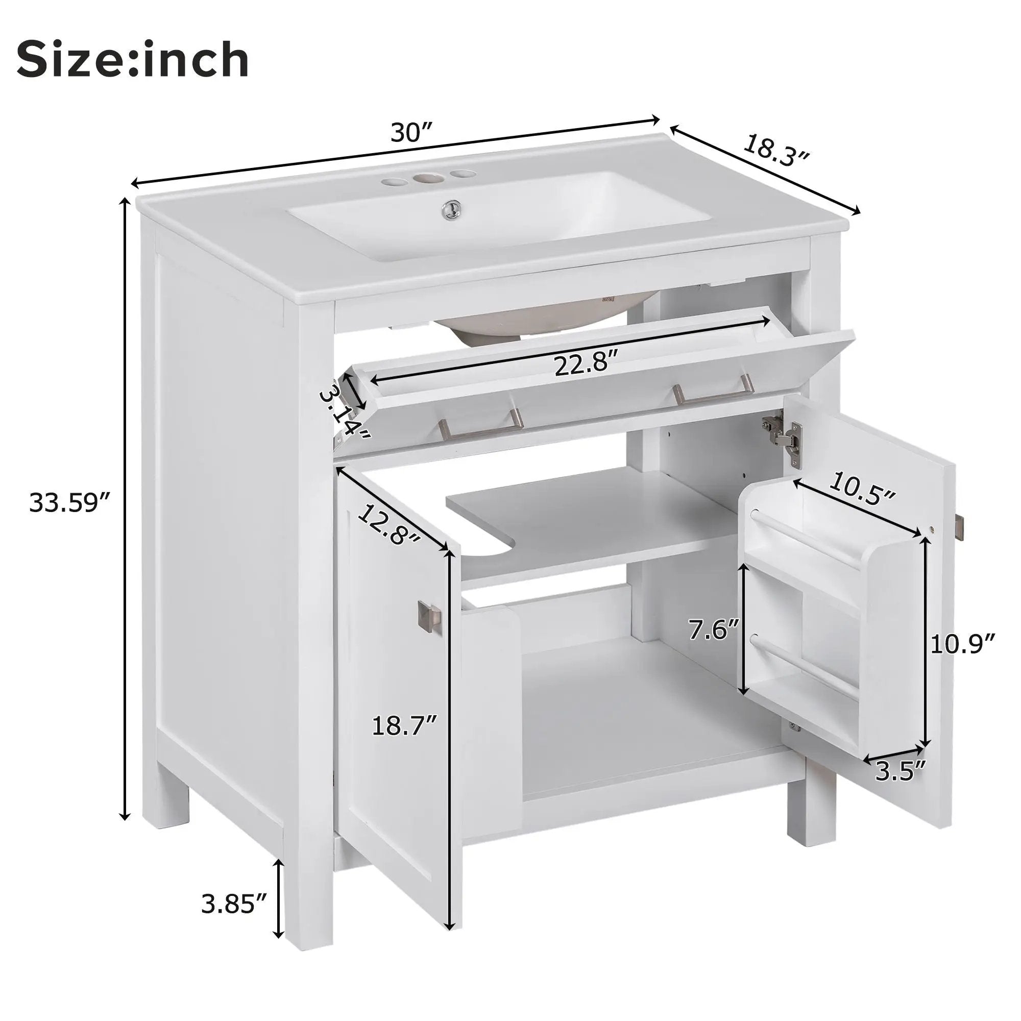 Bathroom Vanity With Ceramic Sink, Modern Single Bathroom Cabinet With 2 Doors And A Shelf, Soft Close Doors by Unique Piece Furniture