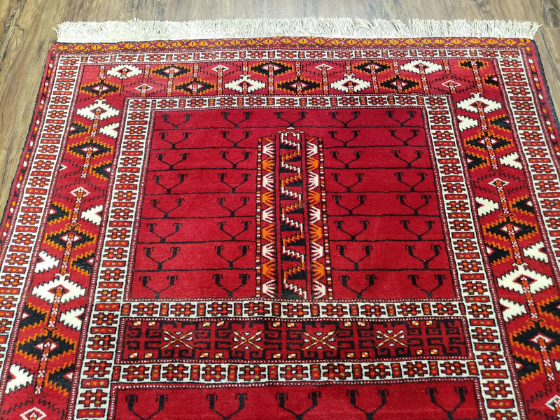 Antique Persian Turkoman Rug 4x5, Hatchli Tekkeh Ersari Red Tribal Rug, Handmade Wool Oriental Carpet, Four Seasons Rug by Jewel Rugs
