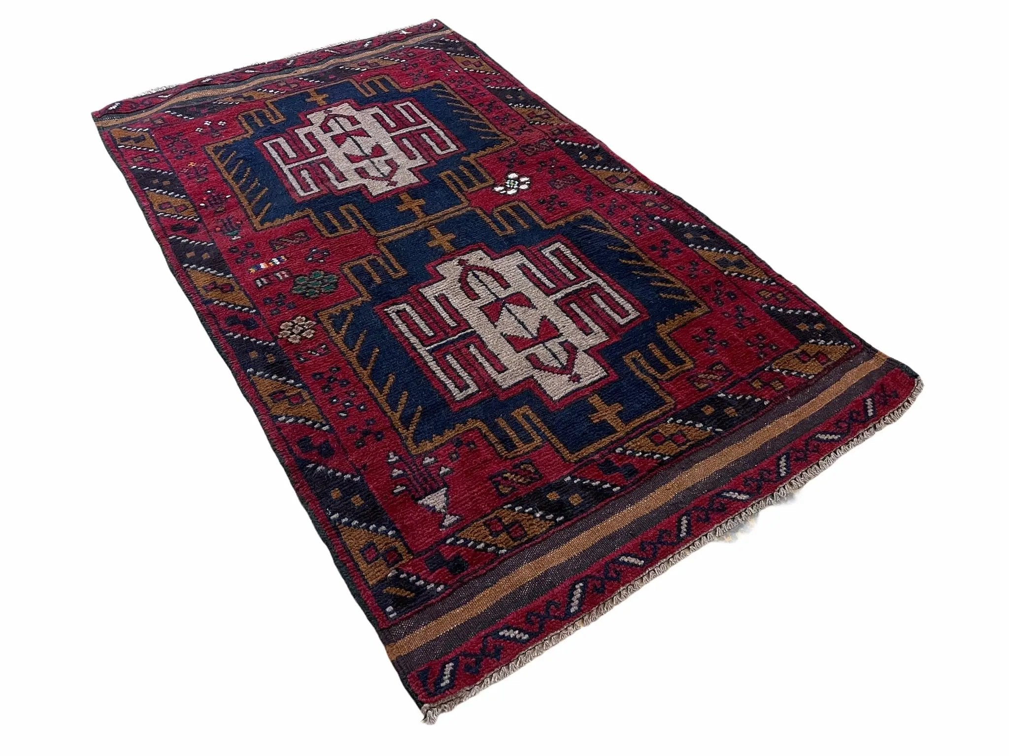 2' 9" X 4' 7" Vintage Handmade Tribal Wool Rug Balouchi Rug Afghan Rug Red Beige by Jewel Rugs