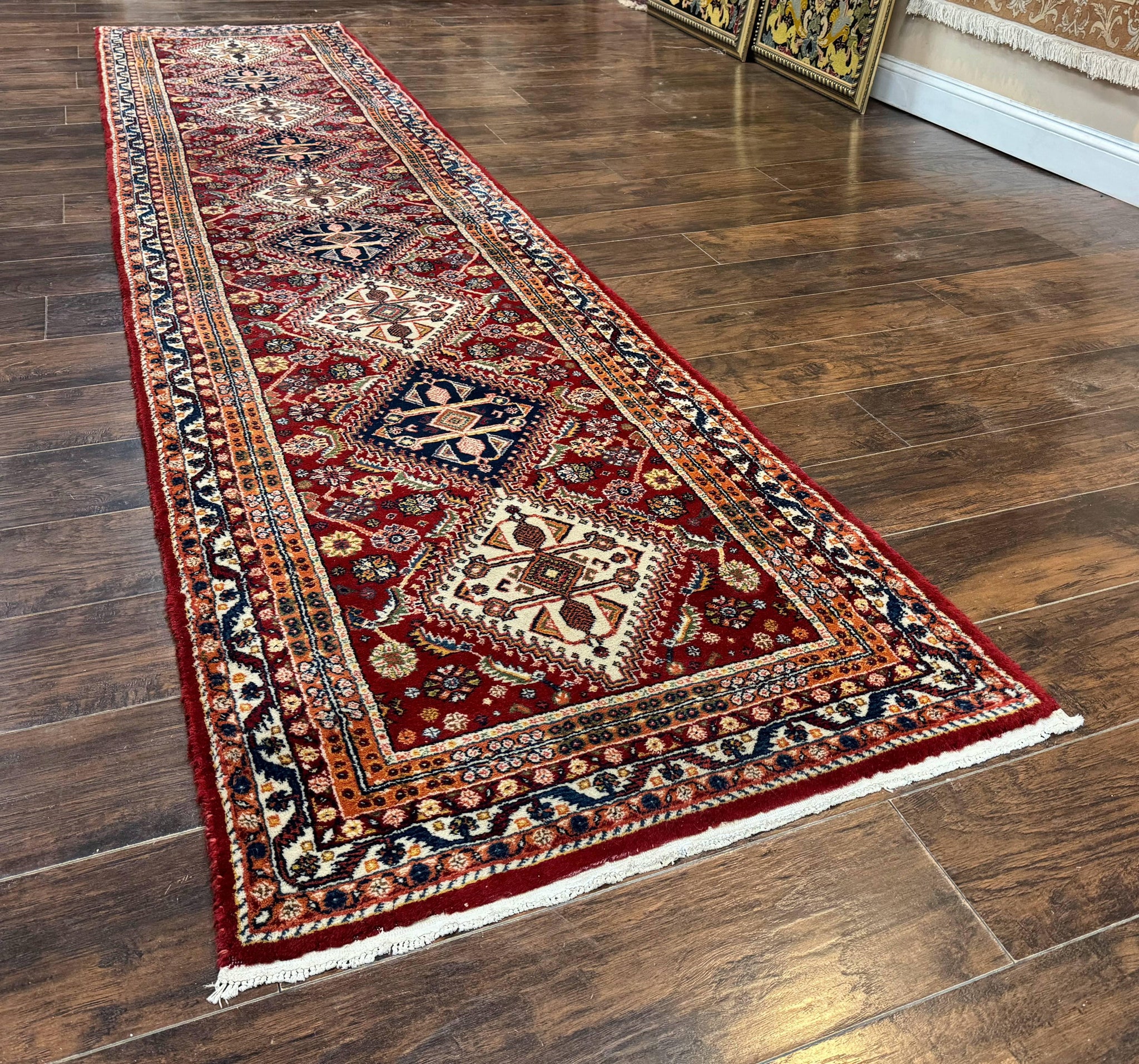 Antique Persian Qashqai Runner Rug 3 x 13 ft, Tribal Runner, Geometric Medallions, Red Ivory Blue, Wool by Jewel Rugs