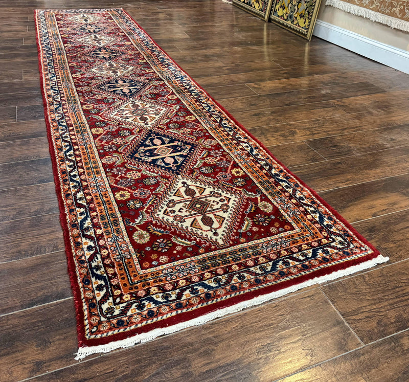 Antique Persian Qashqai Runner Rug 3 x 13 ft, Tribal Runner, Geometric Medallions, Red Ivory Blue, Wool by Jewel Rugs