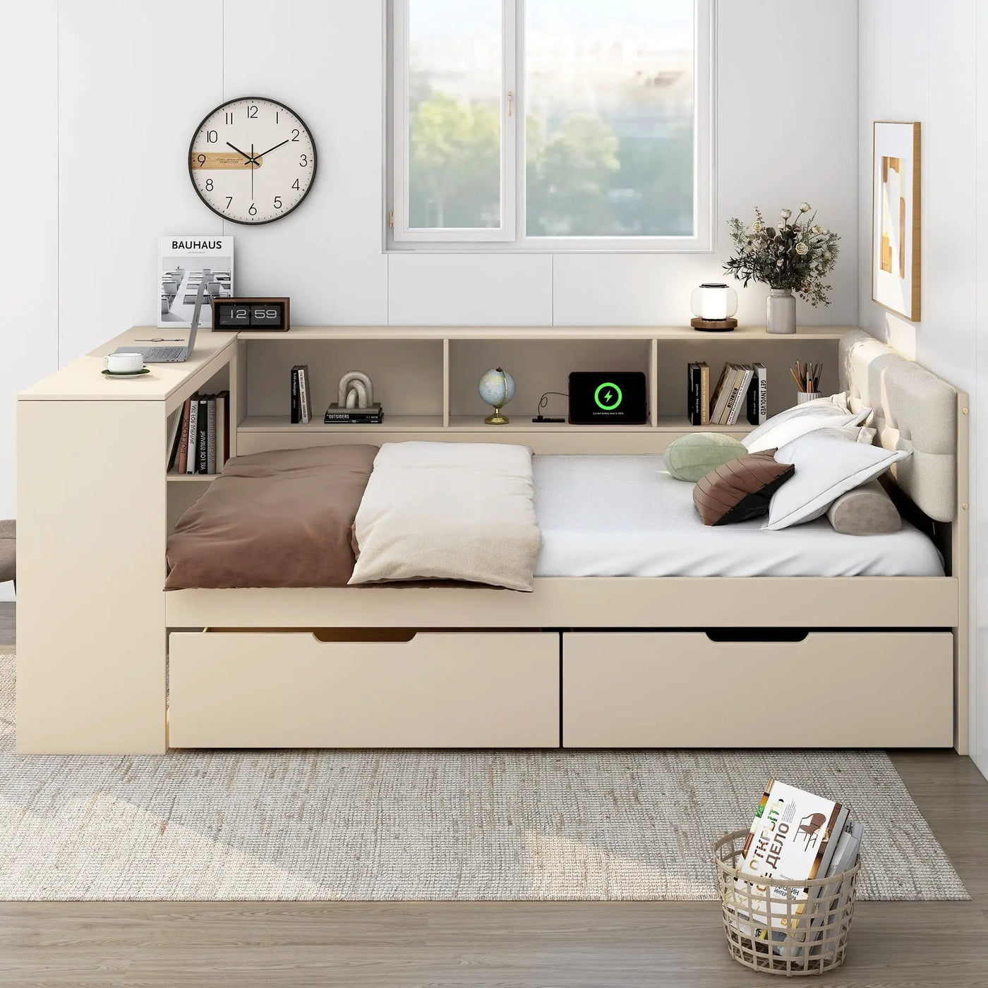 Upholstered Headboard Platform Bed With Storage Shelves, Drawers, Charging Station by HouseOfZazla
