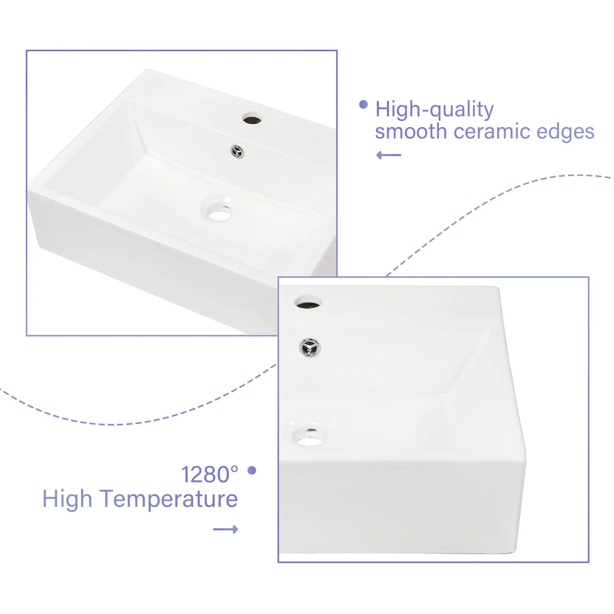 Modern Ceramic Rectangular Wall Mounted Bathroom Sink With Faucet Hole & Overflow by HouseOfZazla